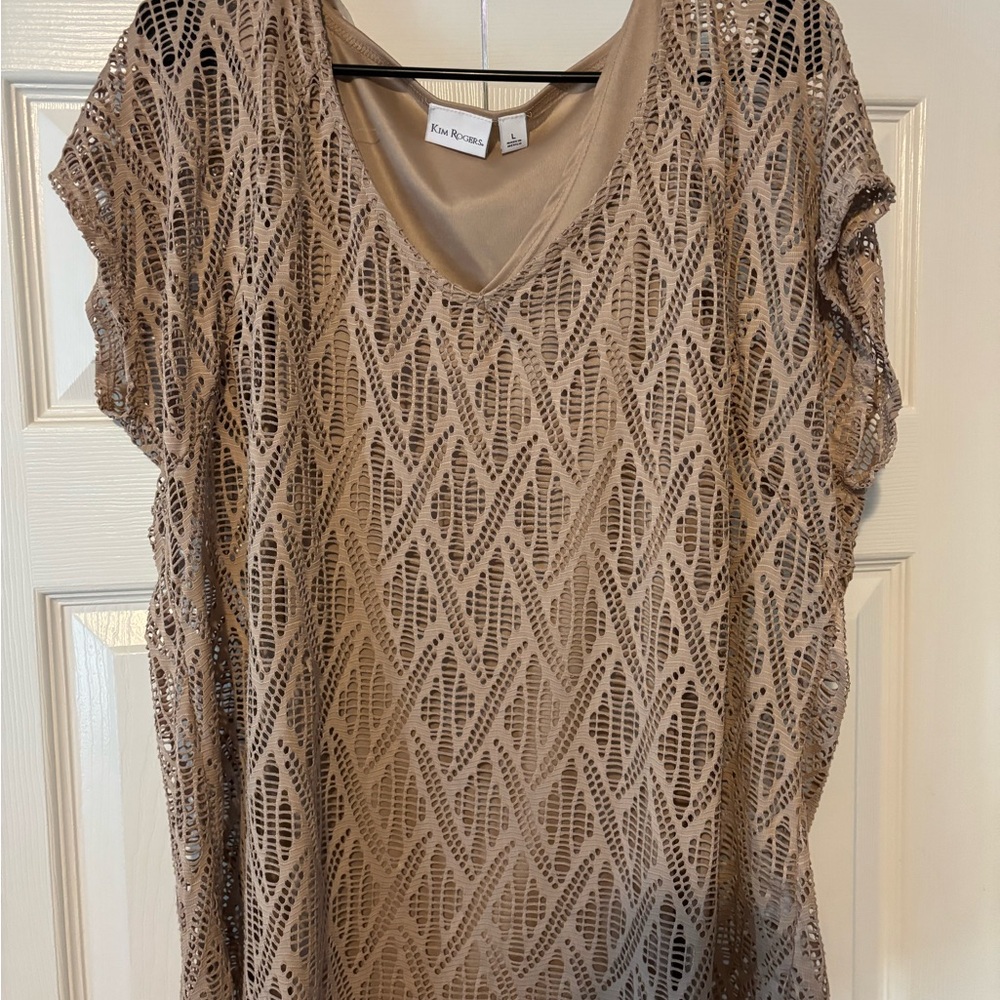 Kim Rogers Taupe Open-Knit Overlay Top
